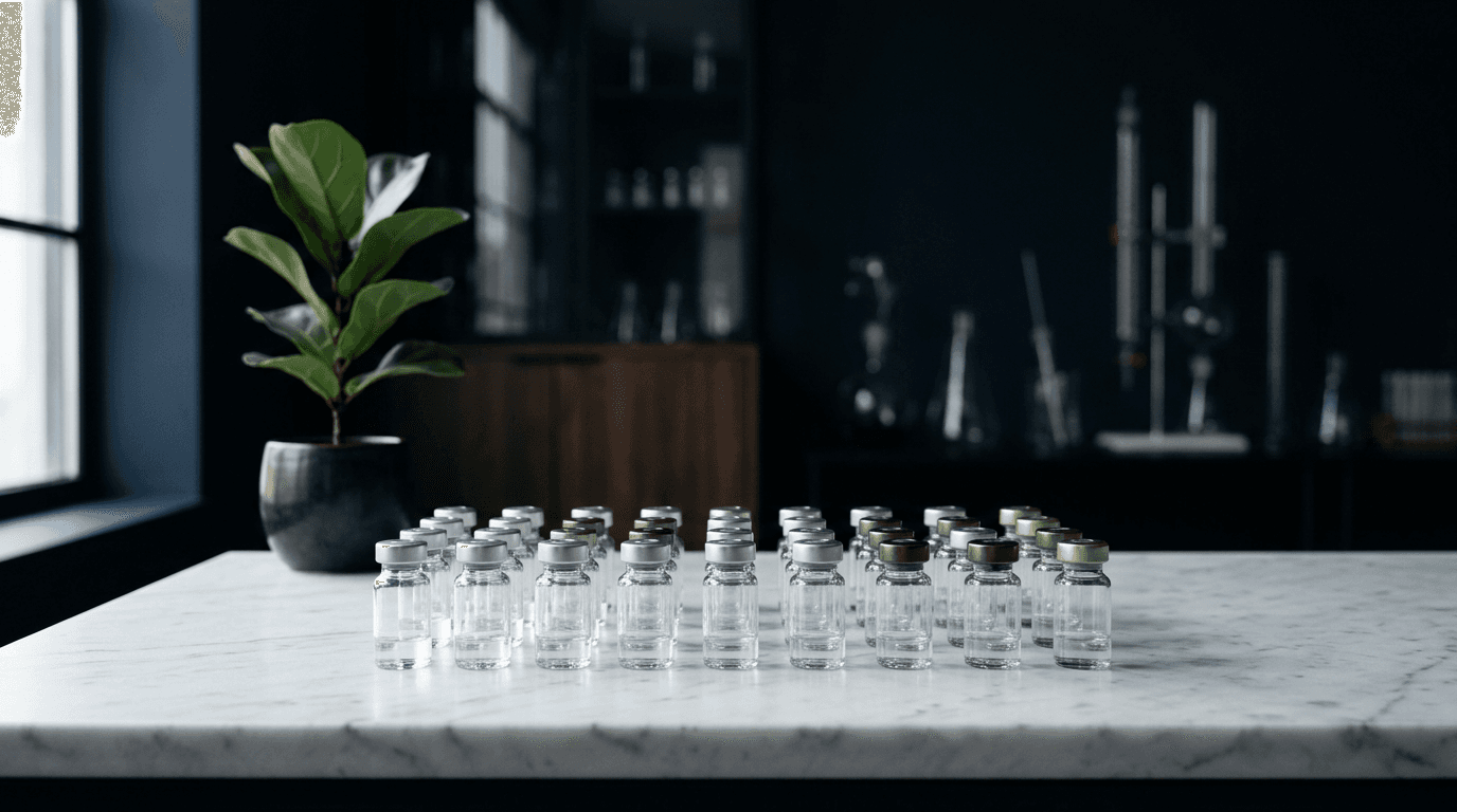 Research vials arranged on a marble lab surface